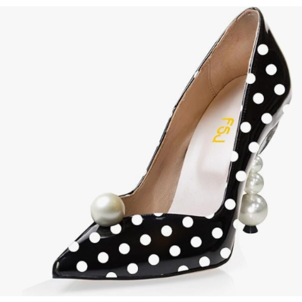 FSJ Black Polka Dot High Heel Pearls Studded Pumps Pointed Toe Slip On Shoes